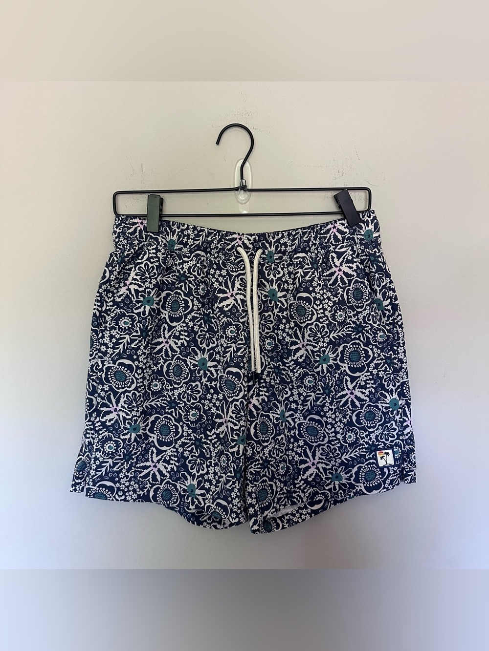 Marine Layer Navy Floral Drawstring Shorts with Teal Accents
